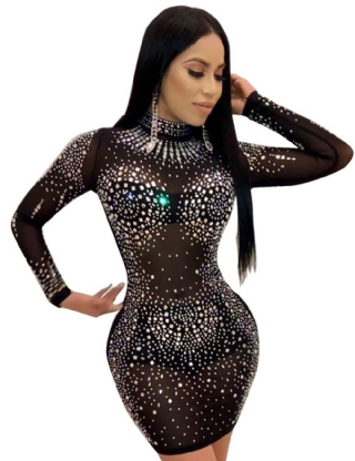 High Neck Long Sleeveled Mesh Rhinestone Sexy Women Nightclub Transparent skirt