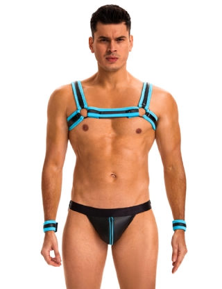 Blue Men Sexy PU Leather Harness Zipper Underwear Set