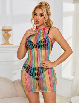 Sexy Rainbow Mesh Hollow Out Bodystocking Dress