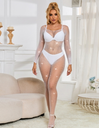 White Fishnet Diamonds Long Sleeve Bodystocking