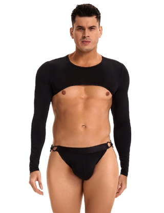 Black Ice Silk Long Sleeves Crop Top Sexy Men Lingerie Set