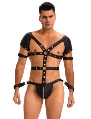 Black Sexy Faux Leather Harness Zipper Men Bodysuit Lingerie