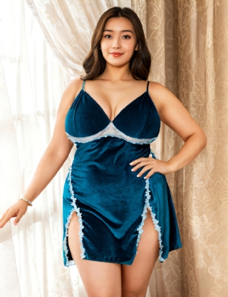 Velour Embroidery Blue Plus Size Nightdress With G String