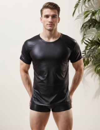 Black Men PU Leather Short Sleeves T-Shirt Top