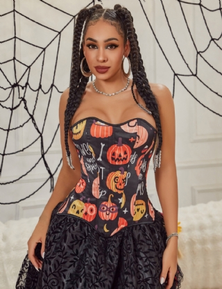 15 Pieces Plastic Bones Black Sexy Pumpkin Print Zipper Lace Up Halloween Corset