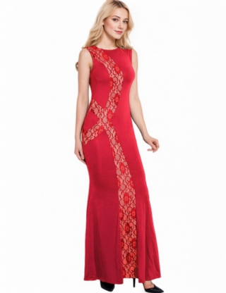 Plus Size Red Lace Panel V-Neck Maxi Dress