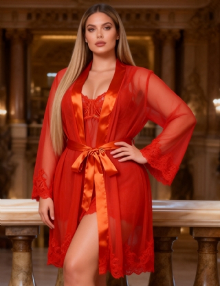 Sexy Red Lace Mesh Robe And Slip Dress Two Pieces Set